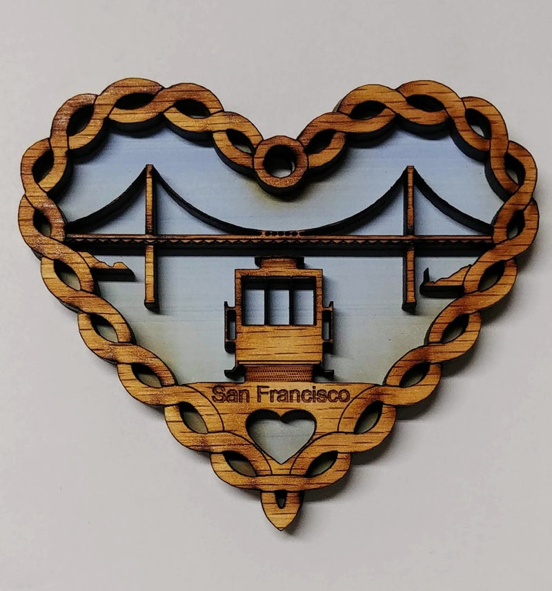 San Francisco Heart Cable Car & Golden Gate Bridge Wooden Ornament