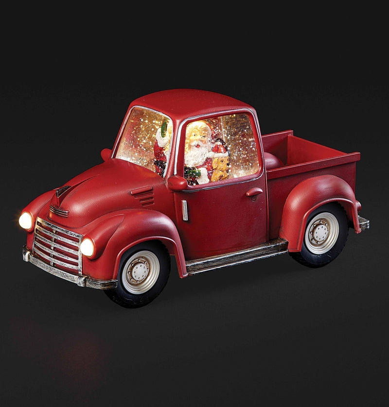 Santa in Red Truck with Light & Swirling Glitter, 11" L