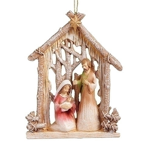 Holy Family Ornament Under Birch Stable, 4.5"H