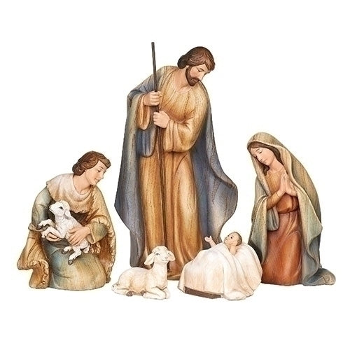 HOLY FAMILY WOOD STAINED SHEPHERD & SHEEP (5 Piece Set) 10.2"