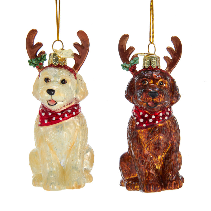 Labradoodle with Antlers Glass Ornament, 4"
