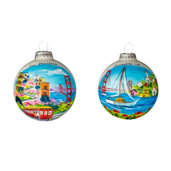 San Francisco Golden Gate and Sausalito Sailboat 2 Sided Hand Painted Glass Ball - 1 Ornament