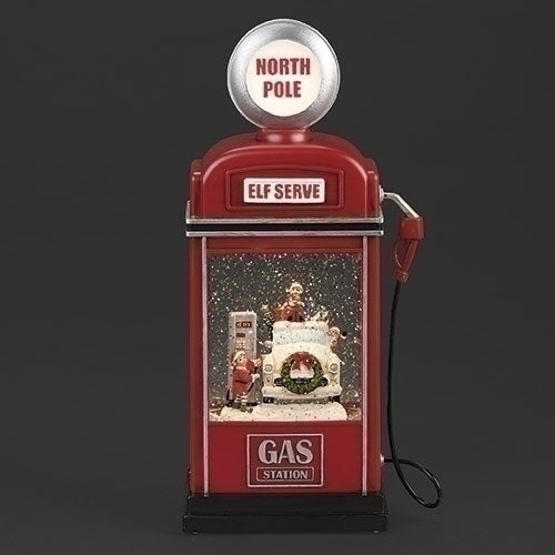 Lighted Swirl Gas Pump with Santa and Elves, 11.5"