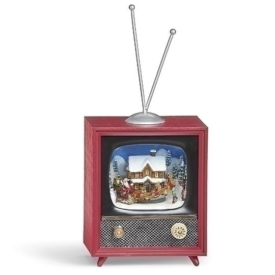 Musical Lighted Rotating TV with Santa Sleigh & House, 6"