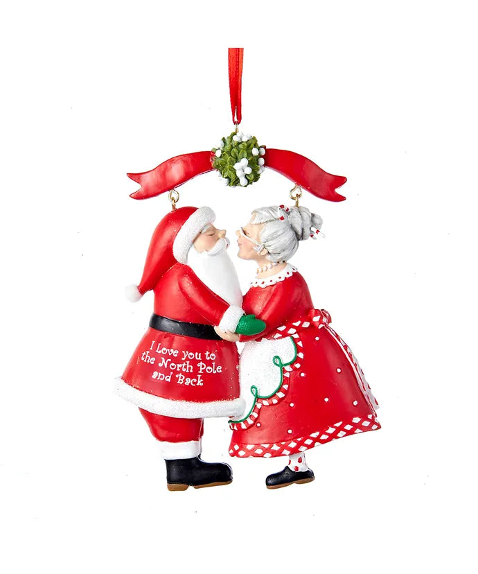 Mr. and Mrs. Clause Under Mistletoe ornament, 3.75"