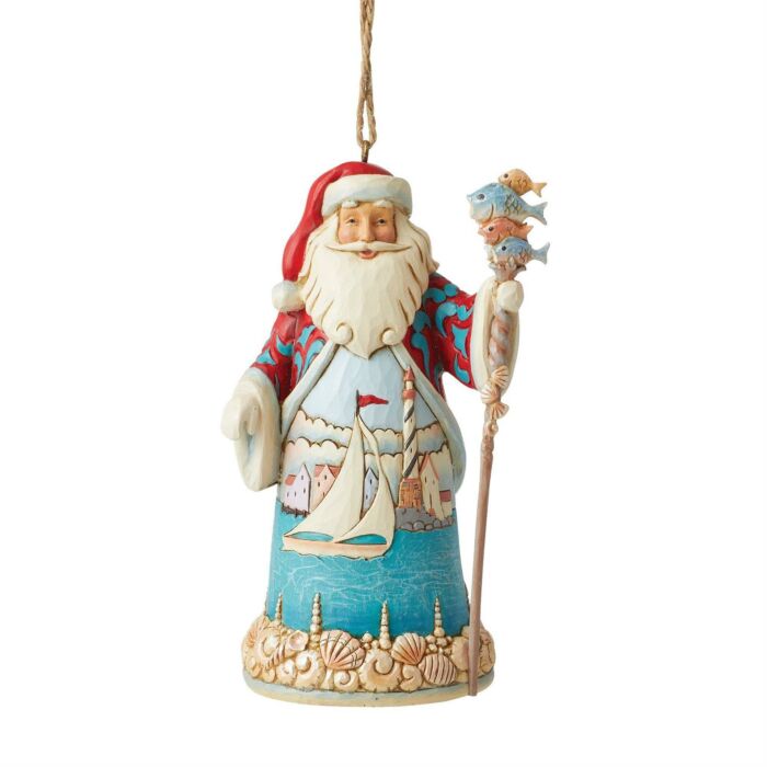 Jim Shore Coastal Santa with Tree and Joy Bag Ornament, 4.7"