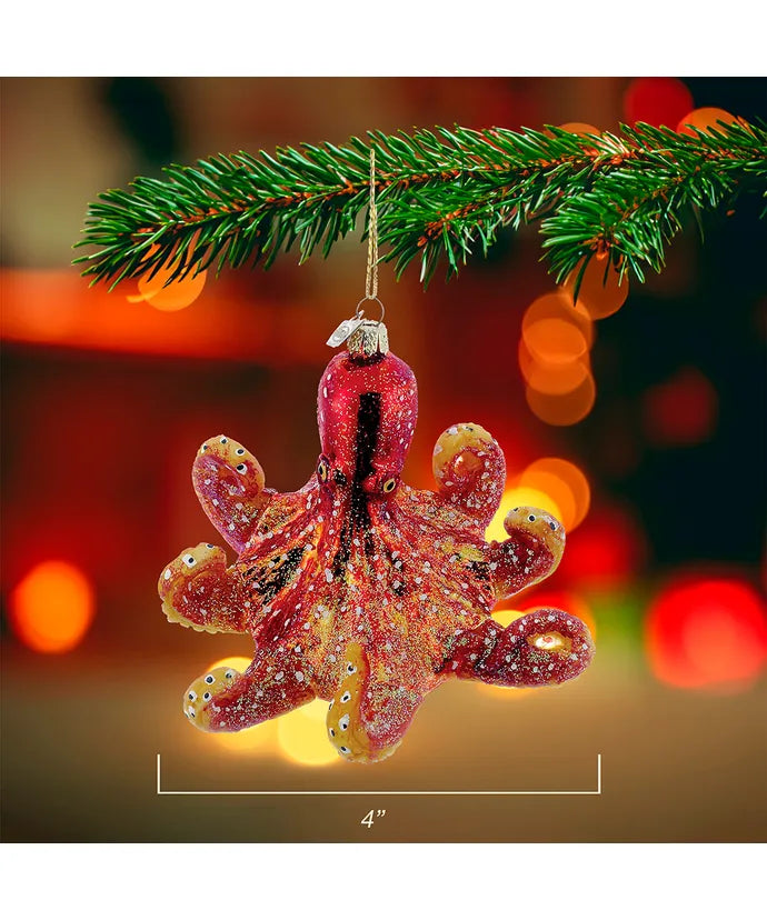 Octopus Glass Ornament, 4"