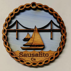 Sausalito Golden Gate Bridge & Sail Boat Wooden Ornament