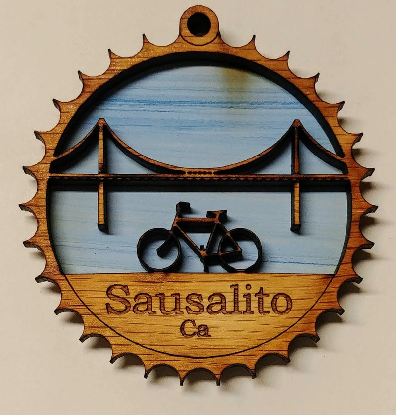 Sausalito Golden Gate Bridge & Bike Wooden Ornament