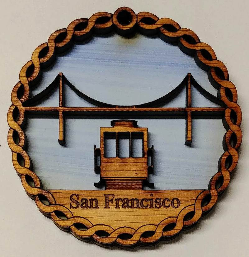 San Francisco Cable Car & Golden Gate Bridge Wooden Ornament