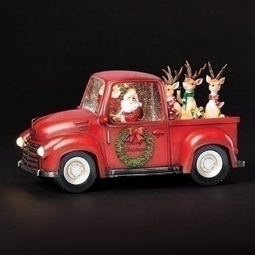 Santa & Deers in Red Truck with Light & Swirling Glitter, 11.25" L