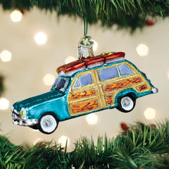 Surf's Up Wagon Glass woody with Surfboard Ornament by Old World Christmas, 4.5
