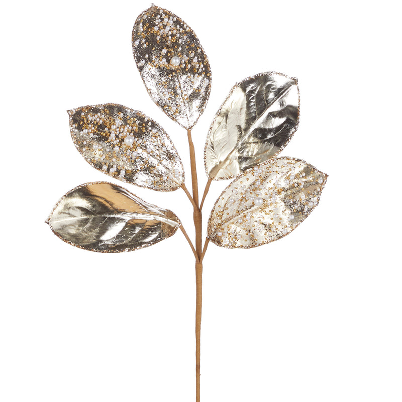 Bead and Pearl Jeweled Magnolia Leaf Spray, 18"