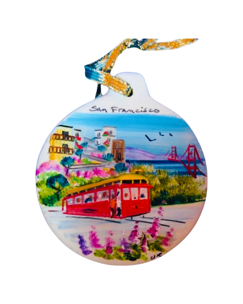 San Francisco Cable Car Hand Painted Ceramic Ornament, 3.5"