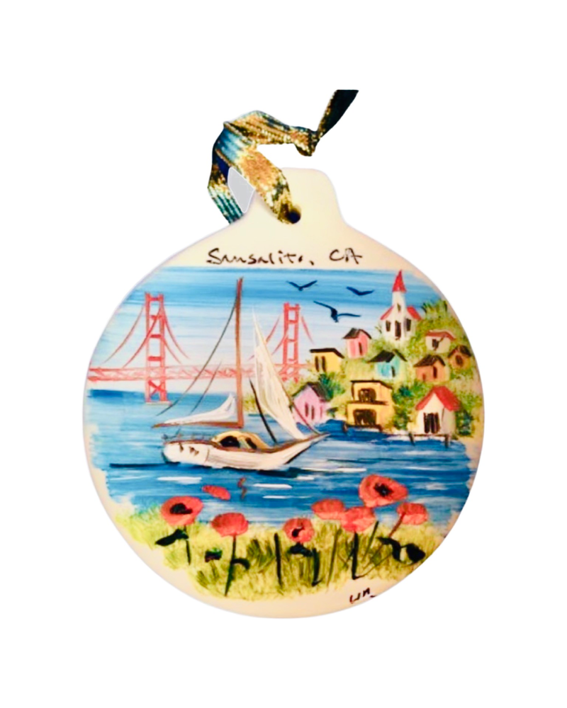 Sausalito Scene Sailboat & Golden Gate Bridge Hand Painted Ceramic Ornament, 3.5"