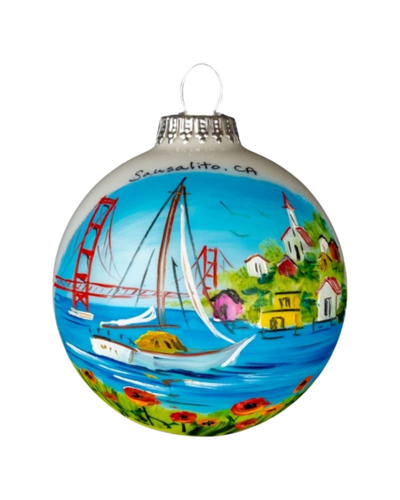 Hand Painted Sausalito, Ca Golden Gate Bridge and Sail Boat Glass Ball