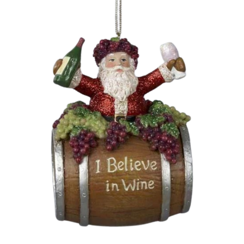 Santa on Wine Barrel Ornament, 4"