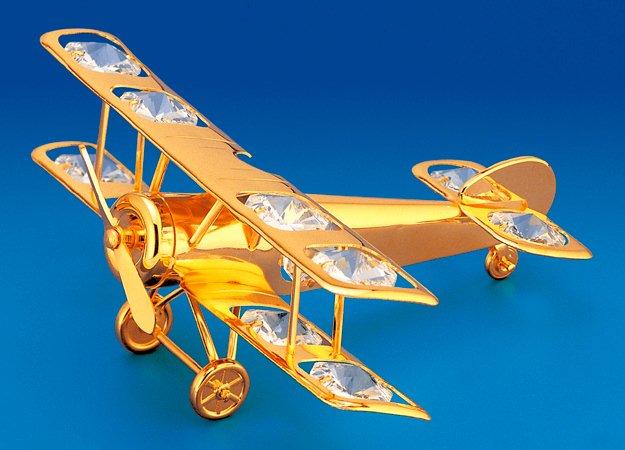 Biplane Airplane Ornament, 24K Gold Plated w/ Swarovski Crystal