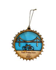 San Francisco Golden Gate Bridge & Bike Wooden Ornament with 2023