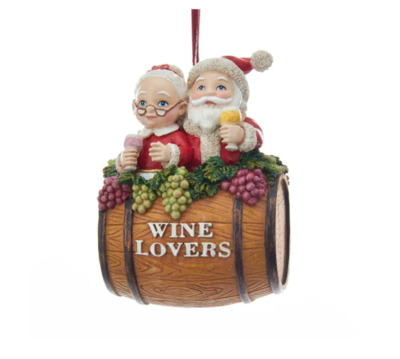 Mr. And Mrs.Claus "Wine Lover" Barrel Ornament, 4"