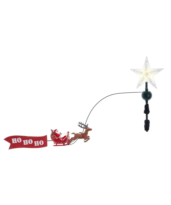 5-Light Warm White LED Star With Rotating Santa and Sleigh Treetop 20"