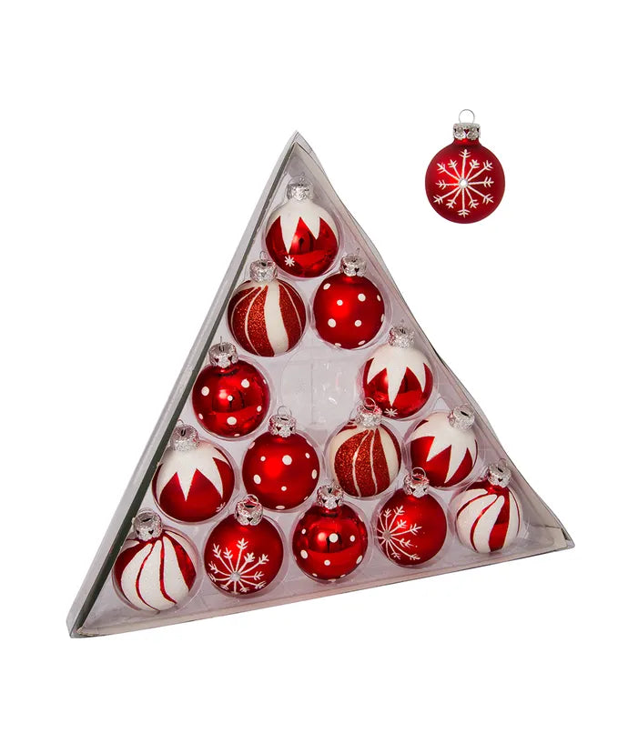 Red and White Decorated Glass Ball Ornaments, 15-Piece Box Set