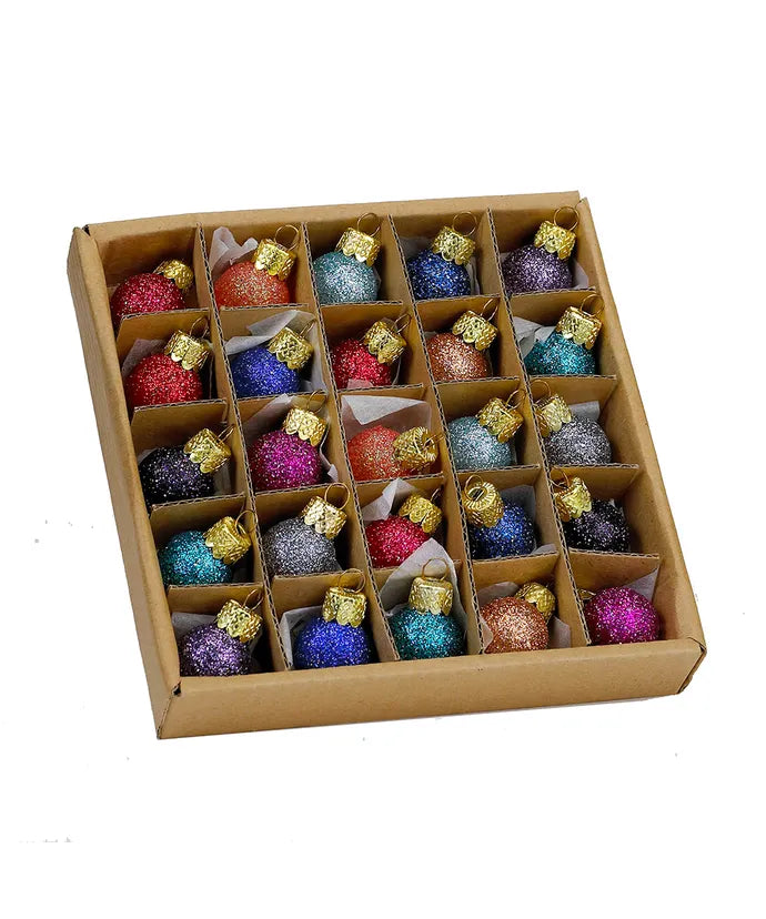 Miniature Glitter Glass Ball Ornaments, 25-Piece Box Set, 20MM