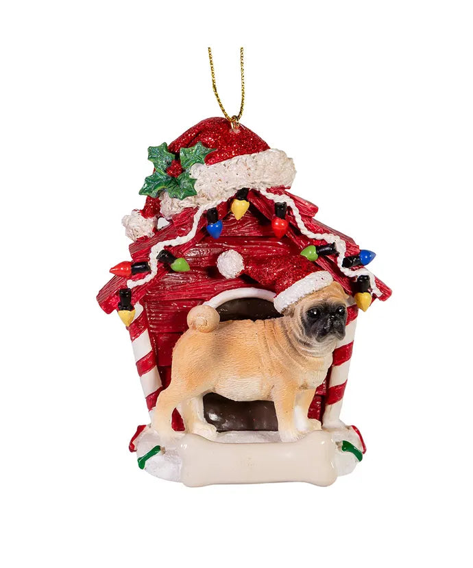 Pug W/Doghouse Ornament 4"