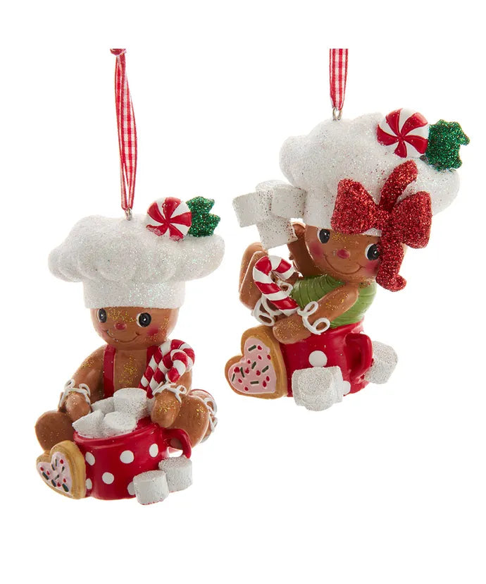 Gingerbread Boy/Girl Cocoa and Marshmallow Ornament, 3.75"
