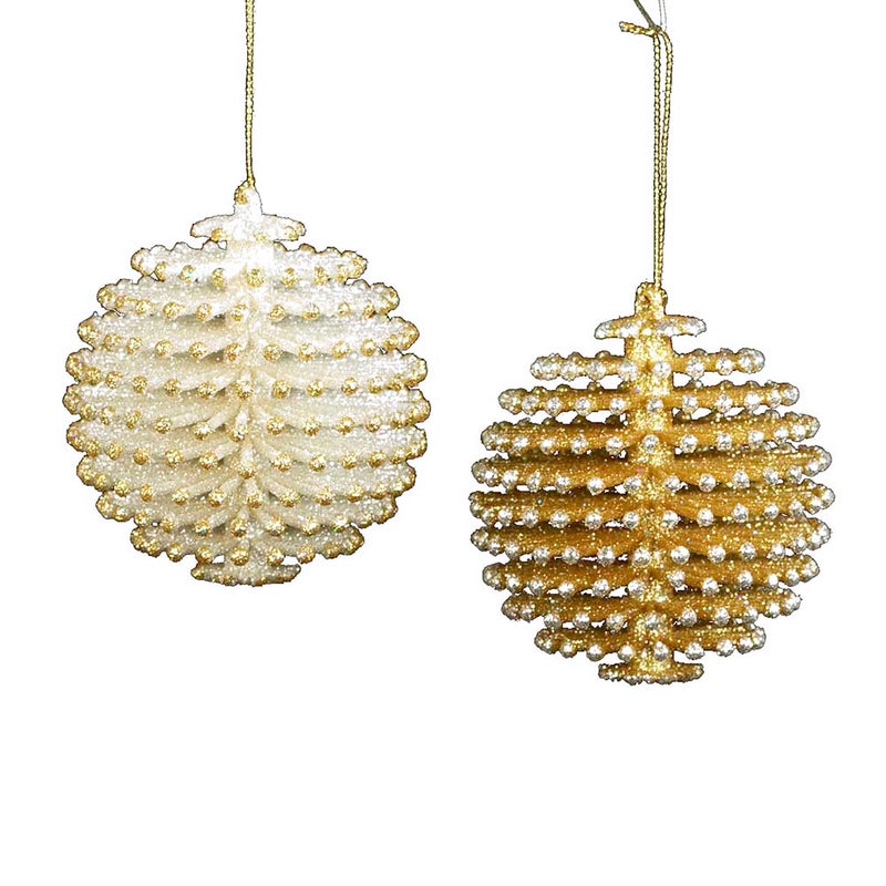 White and Gold Pinecone Ball Ornaments, 3.75"